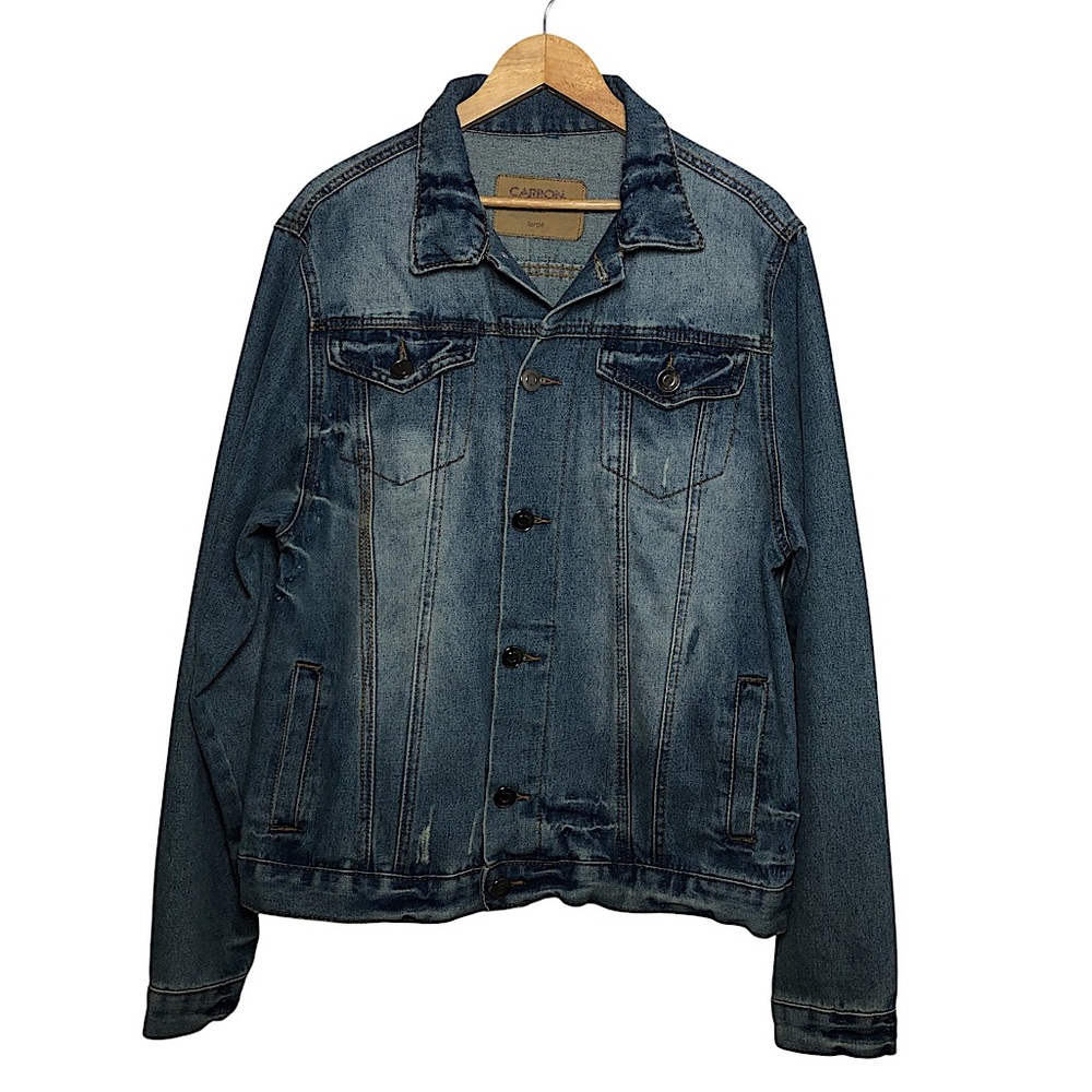 Carbon 70829 Denim Blue Yellowish Wash Distressed Buttoned Trucker Jean Jacket L